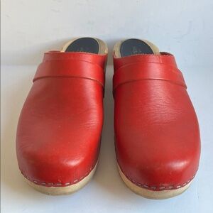 Swedish Hasbeens Red Leather Clogs